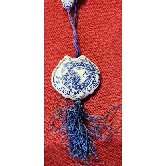 Dragon Pendant Necklace ~ Blue String w/ Blue & White Beads 19” - Picture 5 of 6